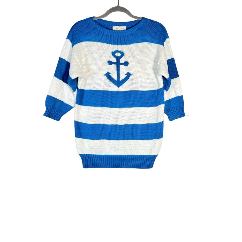 Vintage Jantzen Nautical Sweater 3/4 Sleeve Medium Blue White Stripe Crochet